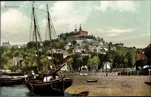 Ak Hamburg Altona Blankenese, Segelboot am Elbstrand, Süllberg
