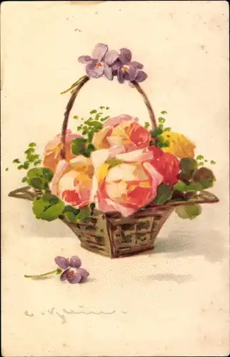 Künstler Ak Klein, Catharina, Blumenstillleben, Rosen in einem Korb