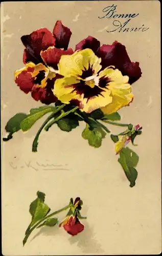 Künstler Ak Klein, Catharina, Glückwunsch Neujahr, Stiefmütterchen