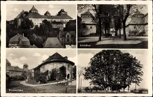 Ak Augustusburg im Erzgebirge, Schloss, Schlosshof, Brunnenhaus, Linde