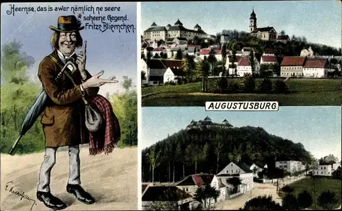 Ak Augustusburg, Blick auf die Stadt mit Fritz Bliemchen