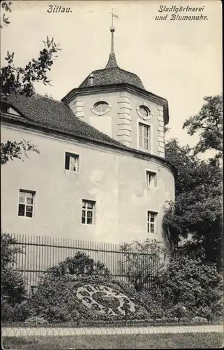 Ak Zittau in Sachsen, Stadtgärtnerei und Blumenuhr