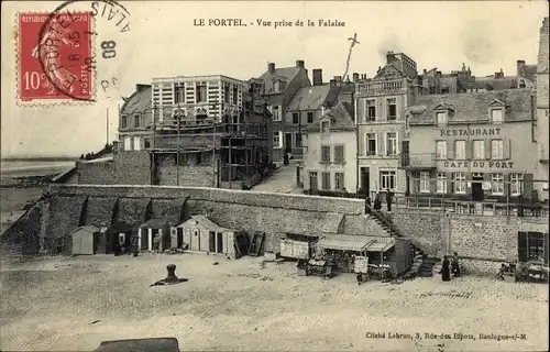 Ak Le Portel Pas de Calais, Vue prise de la Falaise, Restaurant Cafe du Port