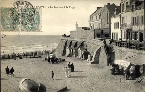 Ak Le Portel Pas de Calais, La Descente a la Plage, Cafe du Port