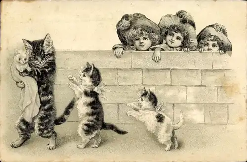 Präge Litho Junge Katzen, Kinder hinter einer Mauer