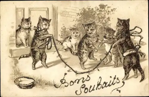 Glitzer Präge Litho Katzen beim Seilspringen