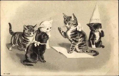 Präge Litho Vermenschlichte junge Katzen, Schulbuch