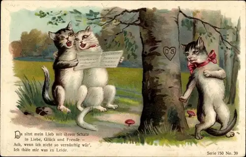 Litho Da sitzt mein Lieb mit ihrem Schatz, Vermenschlichte Katzen, Liebeskummer