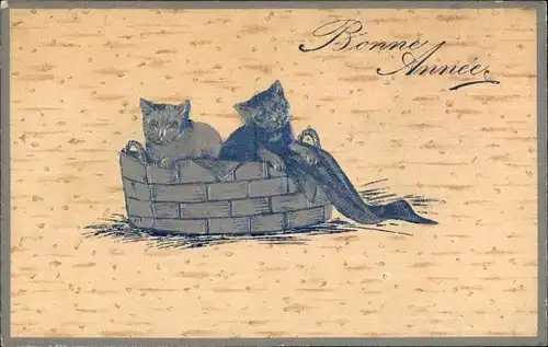 Präge Litho Glückwunsch Neujahr, Katzen in einem Korb