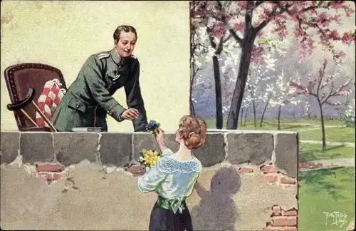 Künstler Ak Thiele, Arthur, Der Blumengruß, Soldat im Lazarett, Krücke, Frau mit Blumen