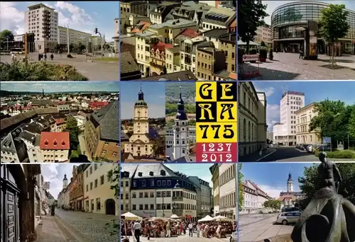 Ak Gera in Thüringen, Ortsansichten, Hochhaus, Blick über die Dächer, Kirchturm, Statue, Markt