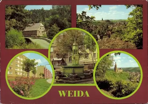 Ak Weida in Thüringen, Eisenhammer, Blick vom Krippenberg, Neubaugebiet Frohe Zukunft, Marktbrunnen