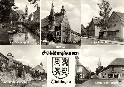 Ak Hildburghausen in Thüringen, Stadtmauer, Rathaus, Leninstraße, Schleusinger Straße, Friedenspark