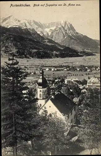 Ak Garmisch Partenkirchen in Oberbayern, Blick auf Zugspitze von St. Anton aus