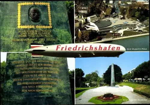 Ak Friedrichshafen am Bodensee, Graf-Zeppelin-Haus eröffnet 17.10.85, Graf-Zeppelin-Denkmal