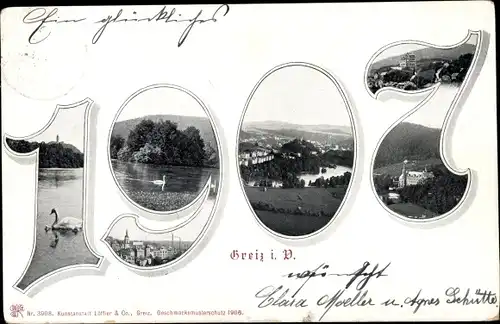 Jahreszahlen Ak Greiz im Vogtland, 1907, Schwanensee, Ort, Umgebung, Schloss