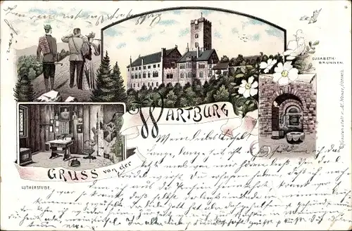 Litho Lutherstadt Eisenach in Thüringen, Wartburg, Lutherstube, Elisabethbrunnen