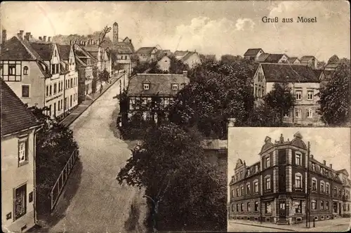 Ak Mosel Zwickau in Sachsen, Straßenpartie im Ort, Wohnhäuser, Geschäftshaus