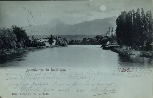 Mondschein Ak Villach in Kärnten, Aussicht von der Draubrücke