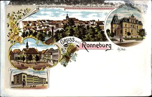 Litho Ronneburg Thüringen, Rathaus, Postamt, Neue Schule, Totalansicht