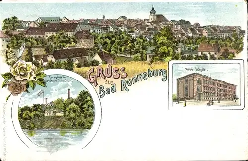 Litho Ronneburg Thüringen, Neue Schule, Totalansicht, Turnplatz