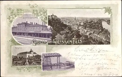 Litho Weißenfels im Burgenlandkreis, Bahnhof, Bahnhofsrestaurant, Schloss, Bahnübergang, Totale