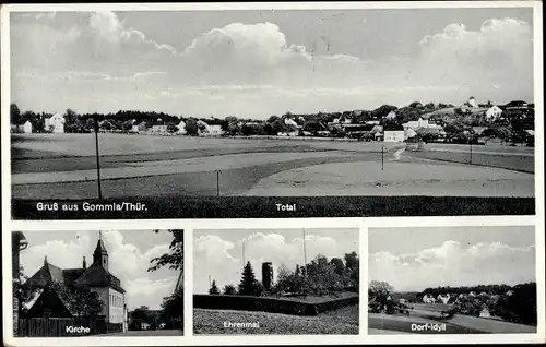 Ak Gommla Greiz in Thüringen, Ehrenmal, Kirche, Totalansicht