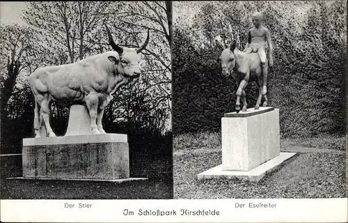 Ak Hirschfelde Werneuchen, Schlosspark Hirschfelde, Plastiken Stier und Eselreiter