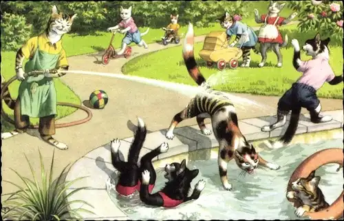 Ak Vermenschlichte Katzen im Park, Roller, Kinderwagen, Bad im Brunnen