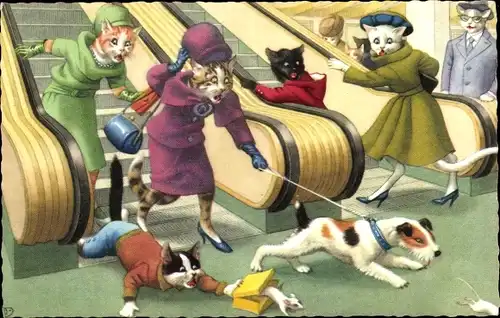 Ak Vermenschlichte Katzen auf einer Rolltreppe, Katzendamen, Hund jagt Mäuse