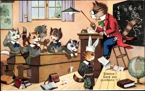 Ak Vermenschlichte Katzen in der Schule, Lehrer, Eselsmütze, Globus