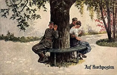 Künstler Ak Thiele, Arthur, Militärische Schlagworte, Auf Horchposten, Soldat mit junger Frau