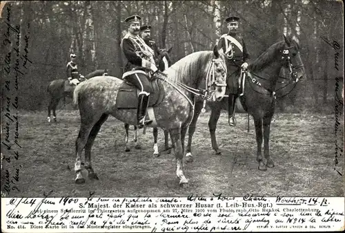 Ak Kaiser Wilhelm II. als schwarzer Husar, 1. Leib Husaren Regiment, Tiergarten