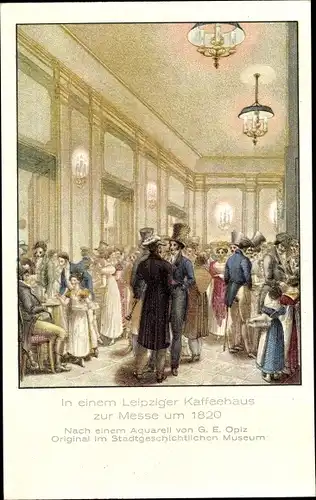 Künstler Ak Opiz, G. E., Leipzig in Sachsen, Partie in einem Leipziger Kaffeehaus zur Messe um 1820
