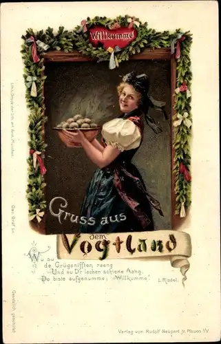 Ak Tracht aus dem Vogtland, Willkumme, Frau mit Klößen