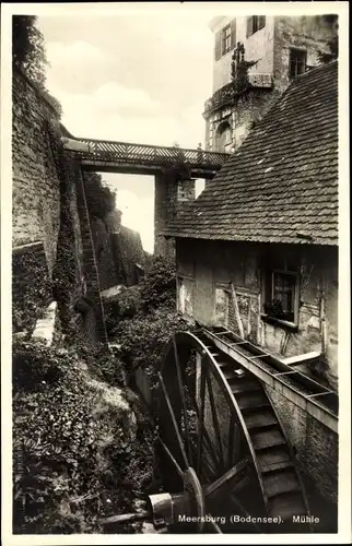 Ak Meersburg im Bodenseekreis Baden Württemberg, Wassermühle, Mühlrad, Brücke