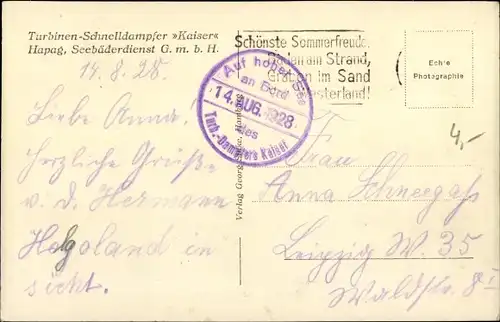 Ak Turbinen-Schnelldampfer Kaiser, HAPAG Seebäderdienst