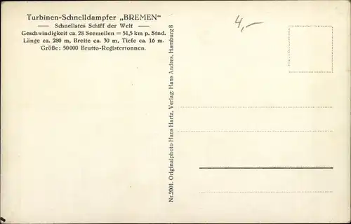 Ak Turbinen-Schnelldampfer Bremen, Norddeutscher Lloyd