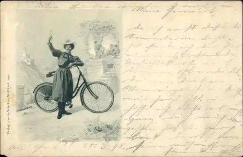 Künstler Ak Frau mit Fahrrad, erhobenes Sektglas