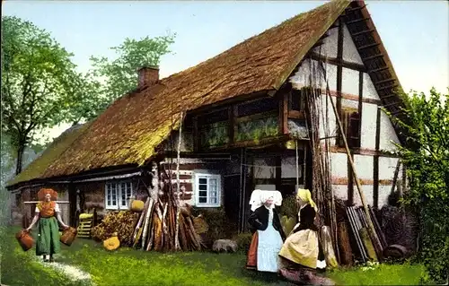 Ak Burg im Spreewald, Spreewaldbilder, Bauernhaus, Spreewälderinnen