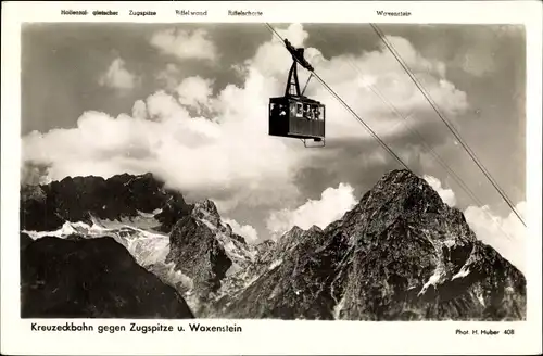 Ak Garmisch Partenkirchen, Kreuzeckbahn gegen Zugspitze und Waxenstein, Seilbahn