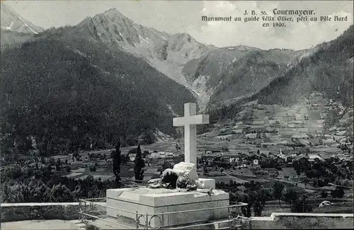 Ak Courmayeur Valle D'Aosta Italien, Monument au guide Felix Ollier, peri au Pole Nord en 1900