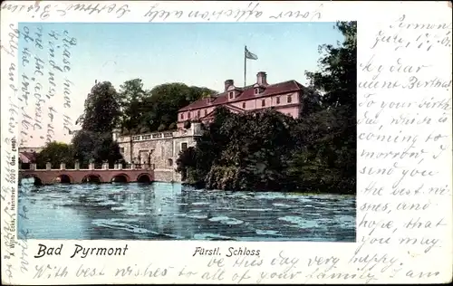 Leuchtfenster Ak Bad Pyrmont in Niedersachsen, Wasserpartie am Fürstl. Schloss mit Brücke