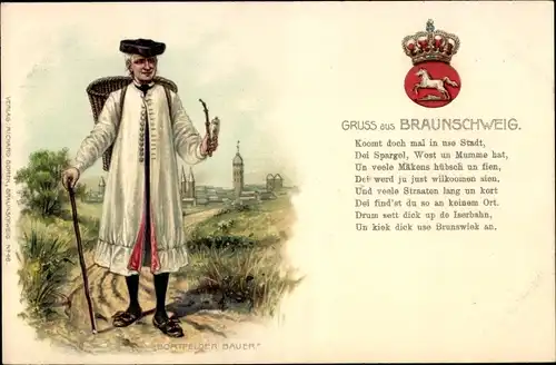 Präge Wappen Litho Braunschweig in Niedersachsen, Bauer in Bortfelder Tracht, Pfeife