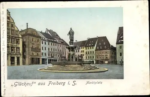 Golden Windows Leuchtfenster Ak Freiberg im Kreis Mittelsachsen, Marktplatz, Brunnen