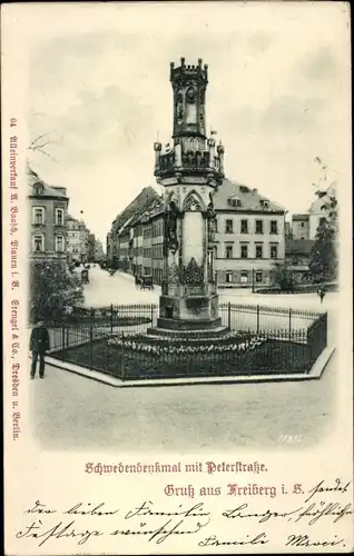 Relief Ak Freiberg in Sachsen, Schwedendenkmal mit Peterstraße