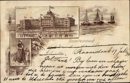 Litho Scheveningen Den Haag Südholland, Kurhaus, Segelboote, Frau in Tracht