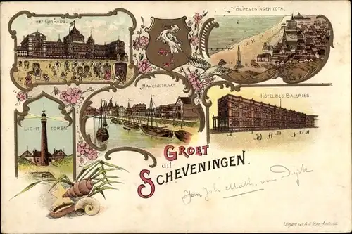 Litho Scheveningen Den Haag Südholland, Kurhaus, Strand, Hafen, Leuchtturm, Hotel