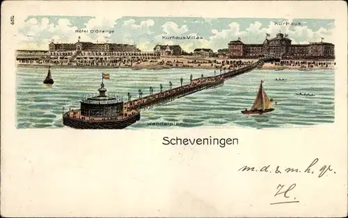 Litho Scheveningen Den Haag Südholland, Hotel d'Orange, Kurhaus-Villas, Kurhaus, Strand