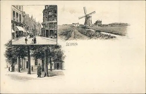 Litho La Haye Den Haag Südholland Niederlande, Straßenpartie, Windmühle